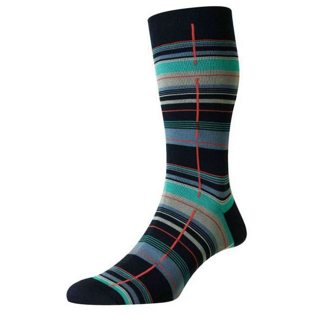 Pantherella Carway Multi Check Sea Island Cotton Socks - Navy