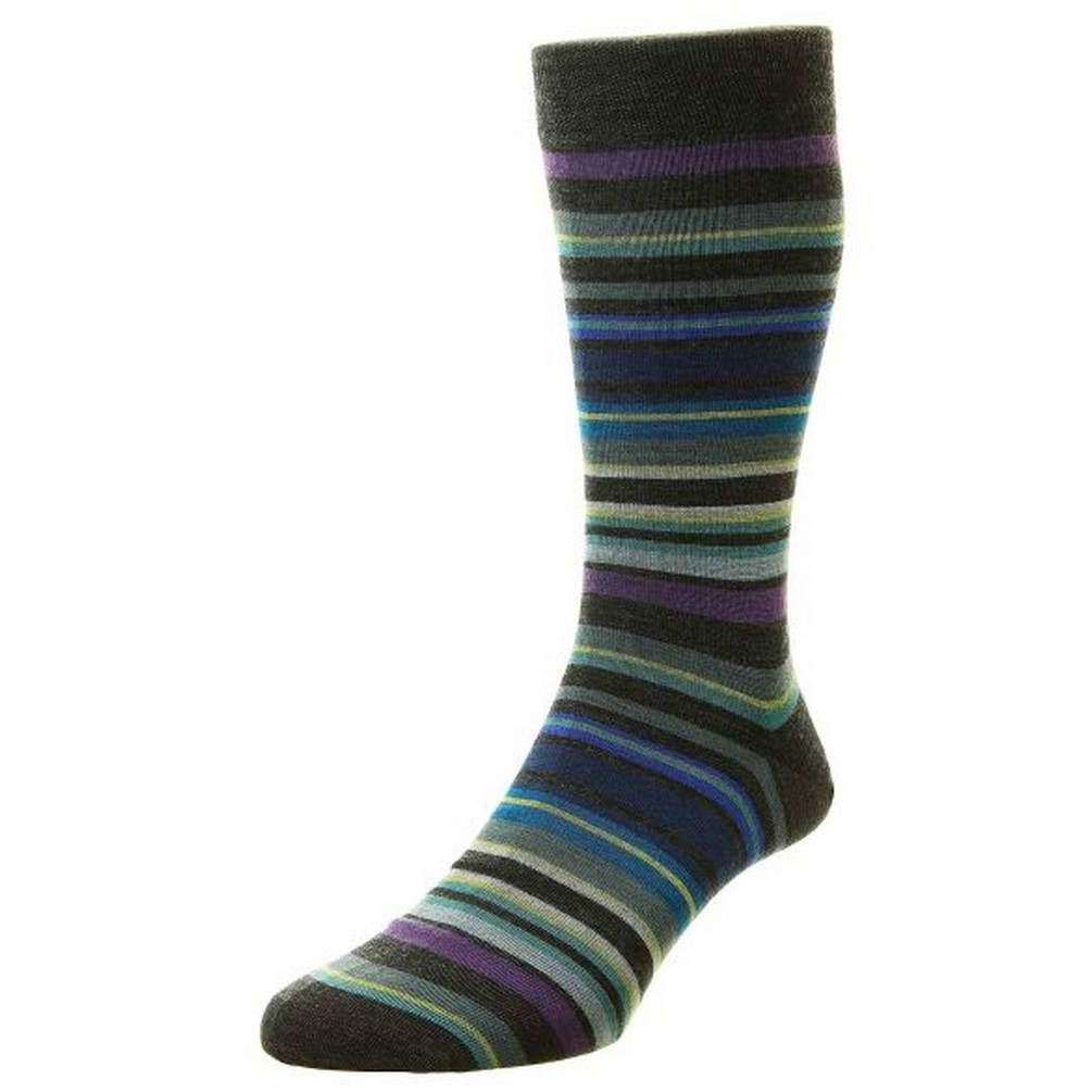 Pantherella Quakers All Over Multi Stripe Merino Wool Socks - Charcoal Grey
