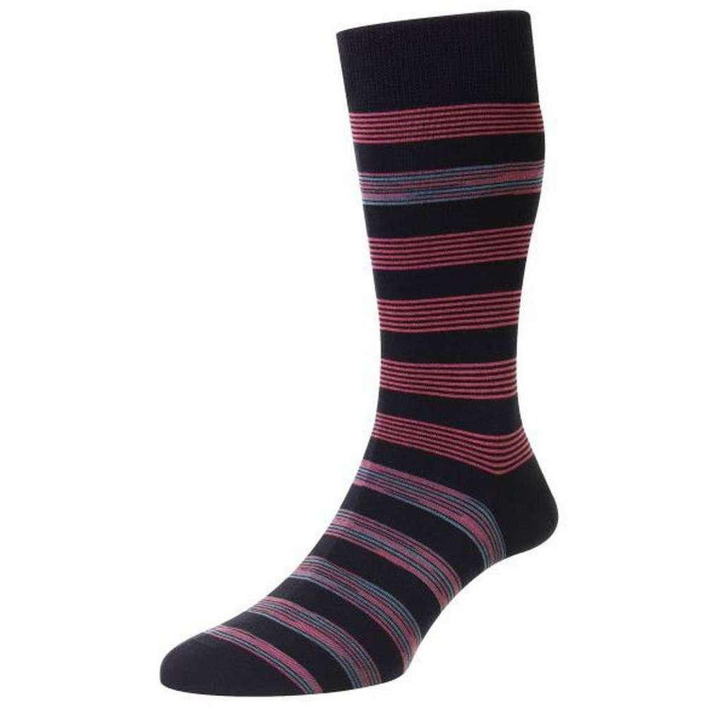 Pantherella Rubra Block Stripe Space Dye Organic Cotton Socks - Navy/Pink