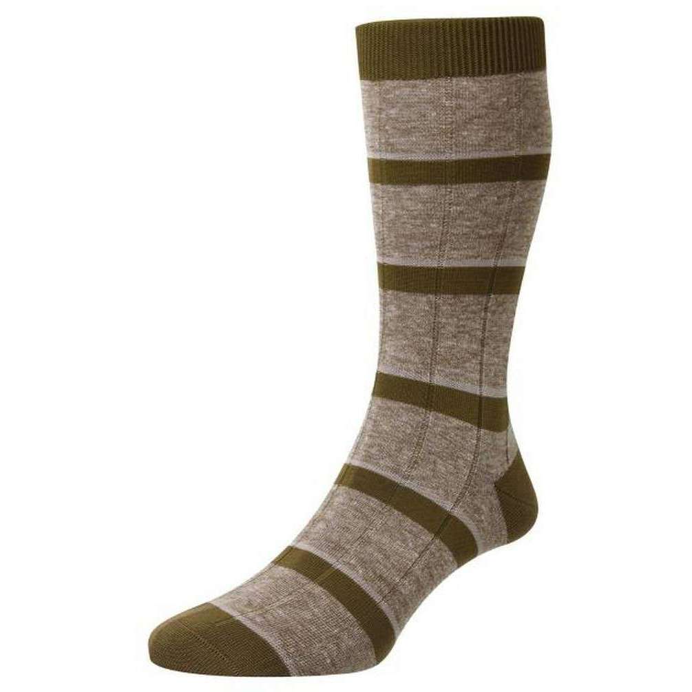 Pantherella Samarkand Rib Stripe Linen Blend Socks - Hessian Brown