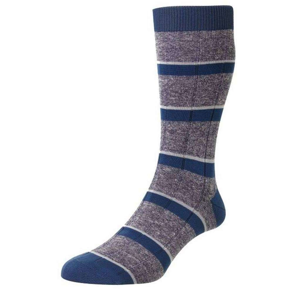 Pantherella Samarkand Rib Stripe Linen Blend Socks - Indigo Blue