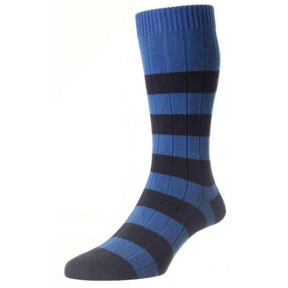 Pantherella Selsey Rib Rugby Stripe Organic Cotton Socks - Bright Blue