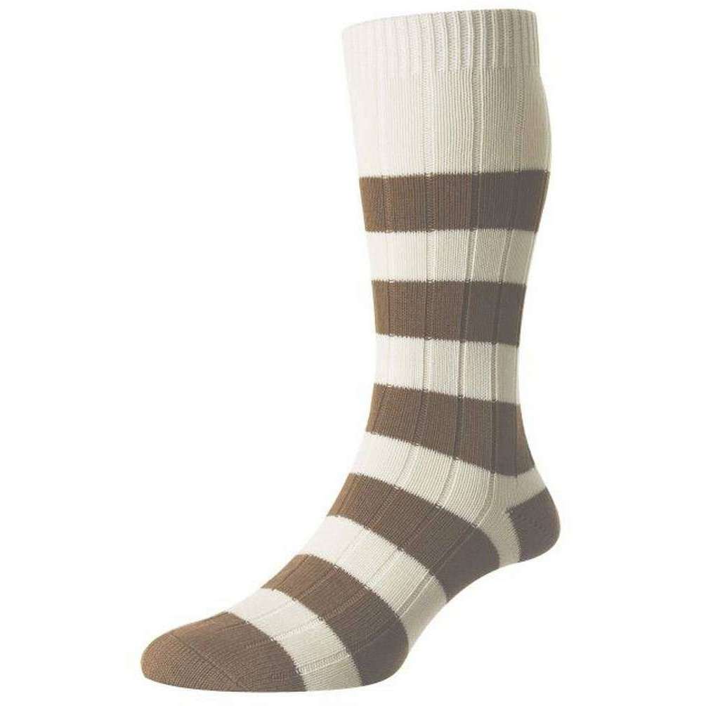 Pantherella Selsey Rib Rugby Stripe Organic Cotton Socks - Cream
