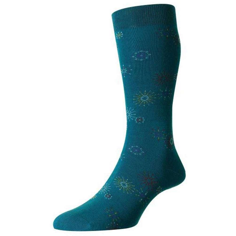 Scott Nichol Thames Organic Cotton Fireworks Motif Socks - Petrol Blue