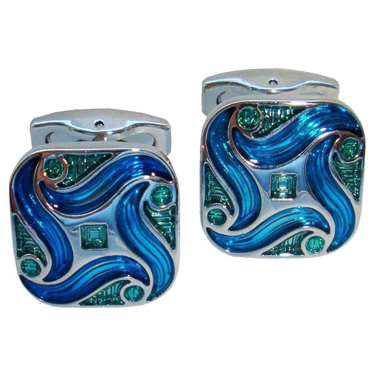 Bassin and Brown Art Nouveau Enamel Cufflinks - Blue/Green/Silver
