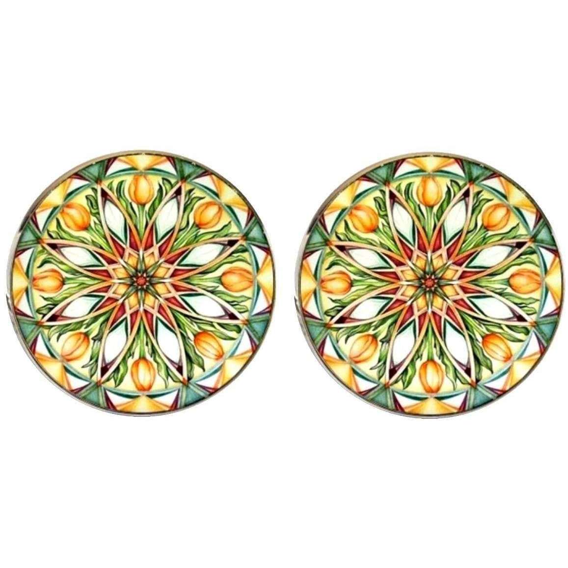 Bassin and Brown Kaleidoscope Flower Spray Cufflinks - Green/White/Orange