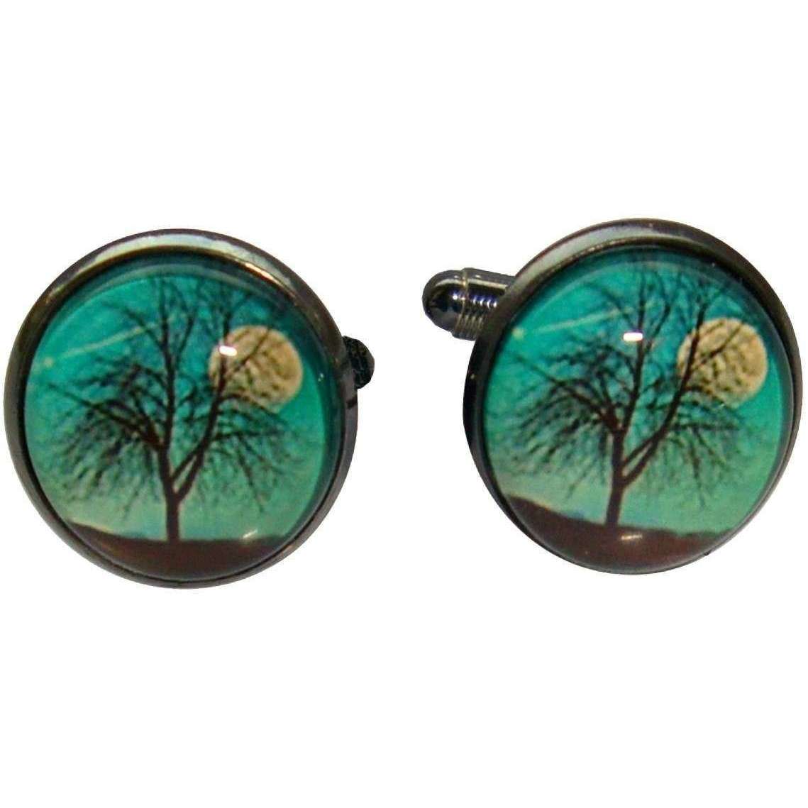 Bassin and Brown Leafless Tree and Moon Cufflinks - Blue/White/Black