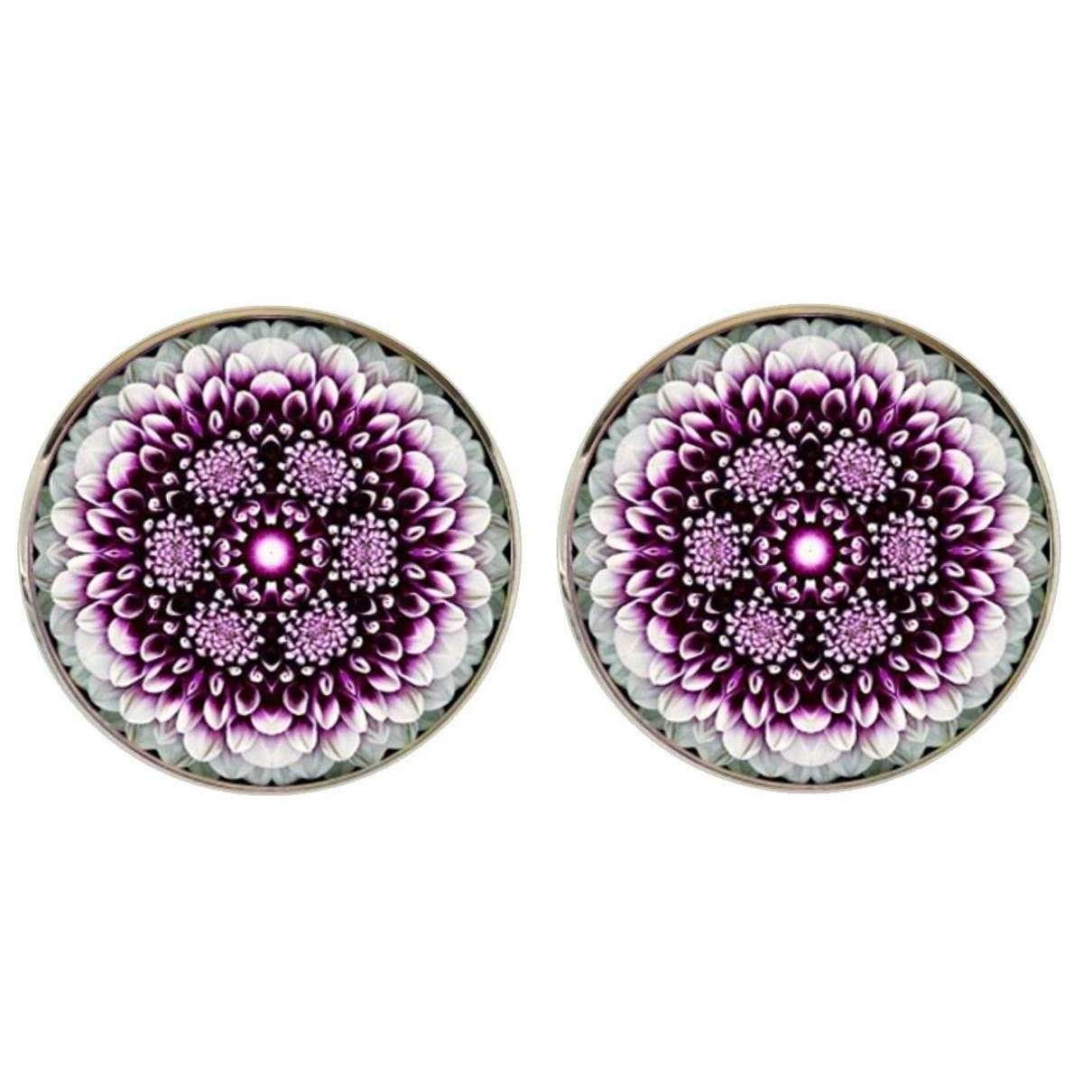 Bassin and Brown Mandala Flower Spray Cufflinks - Purple/White