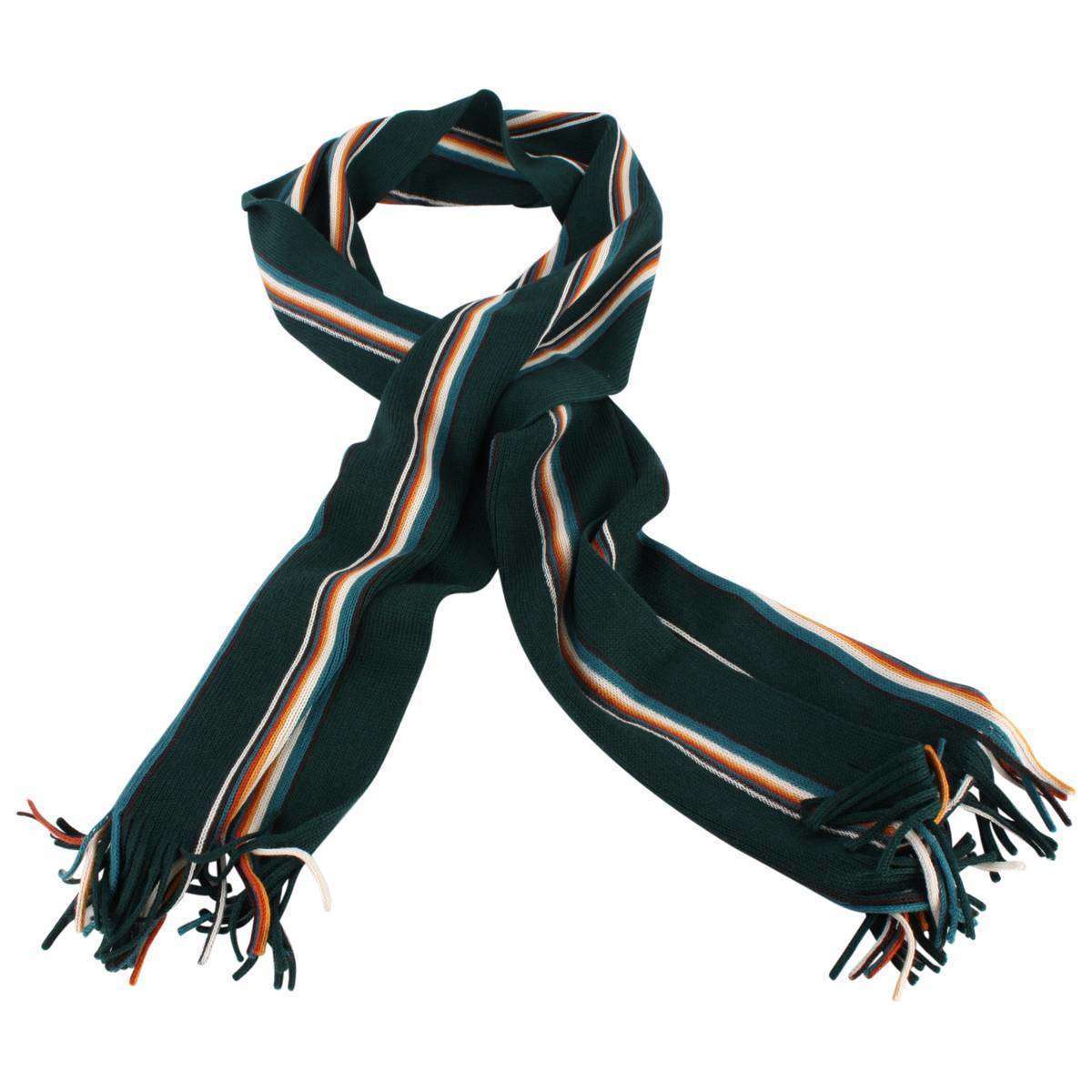 Bassin and Brown Puskas Striped Wool Scarf  - Green/Cream/Tango