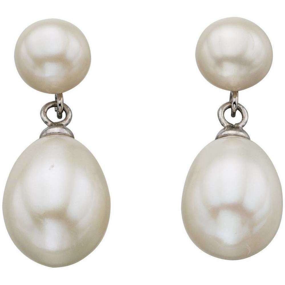 Beginnings Freshwater Pearl Double Drop Stud Earrings - White/Silver