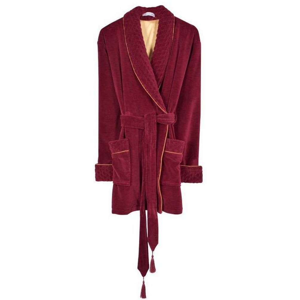 Bown of London Howard Luxury Cotton Short Velvet Smoking Jacket - Burgundy - Medium/Large - 105cm | 42"