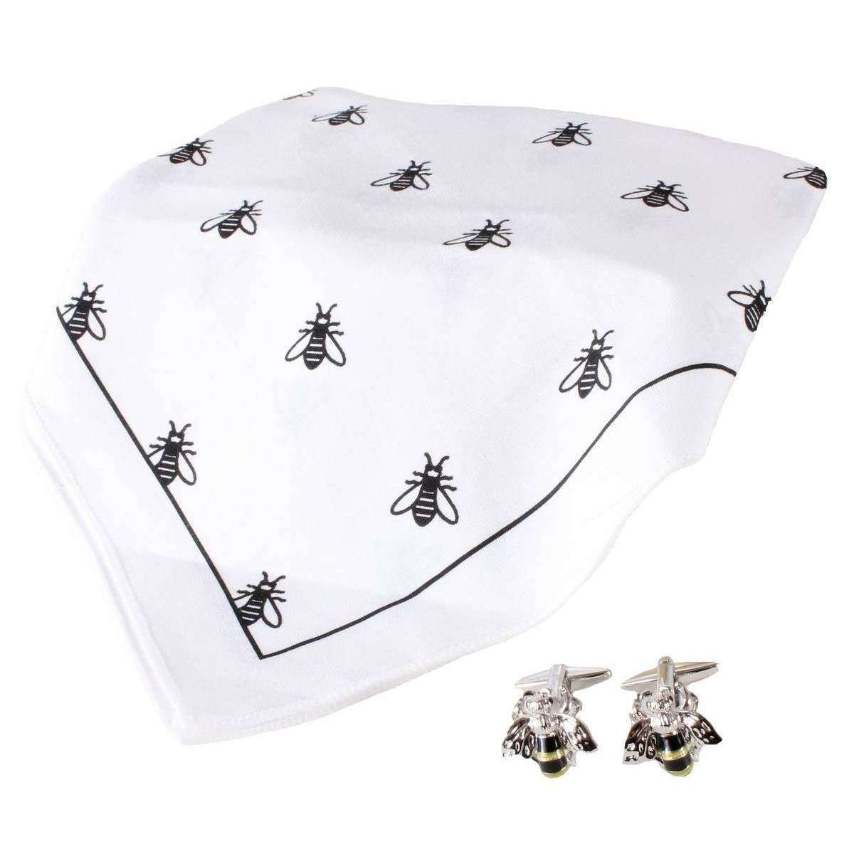 David Van Hagen Bee Handkerchief and Cufflink Set - White/Black/Yellow