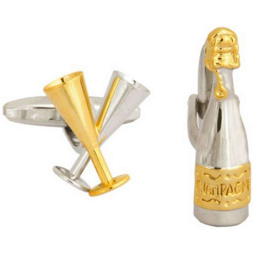 david van hagen champagne bottle and glasses cufflinks - gold/silver