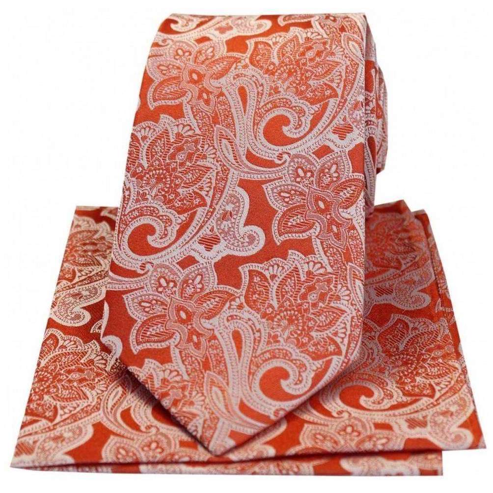 David Van Hagen Edwardian Floral Silk Tie and Hanky Set - Orange