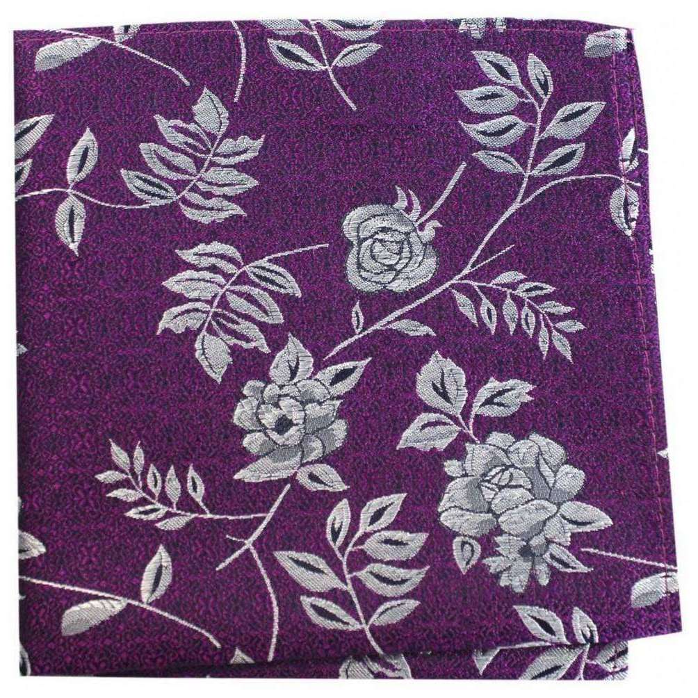David Van Hagen Flower and Leaf Luxury Silk Pocket Square - Purple/Grey