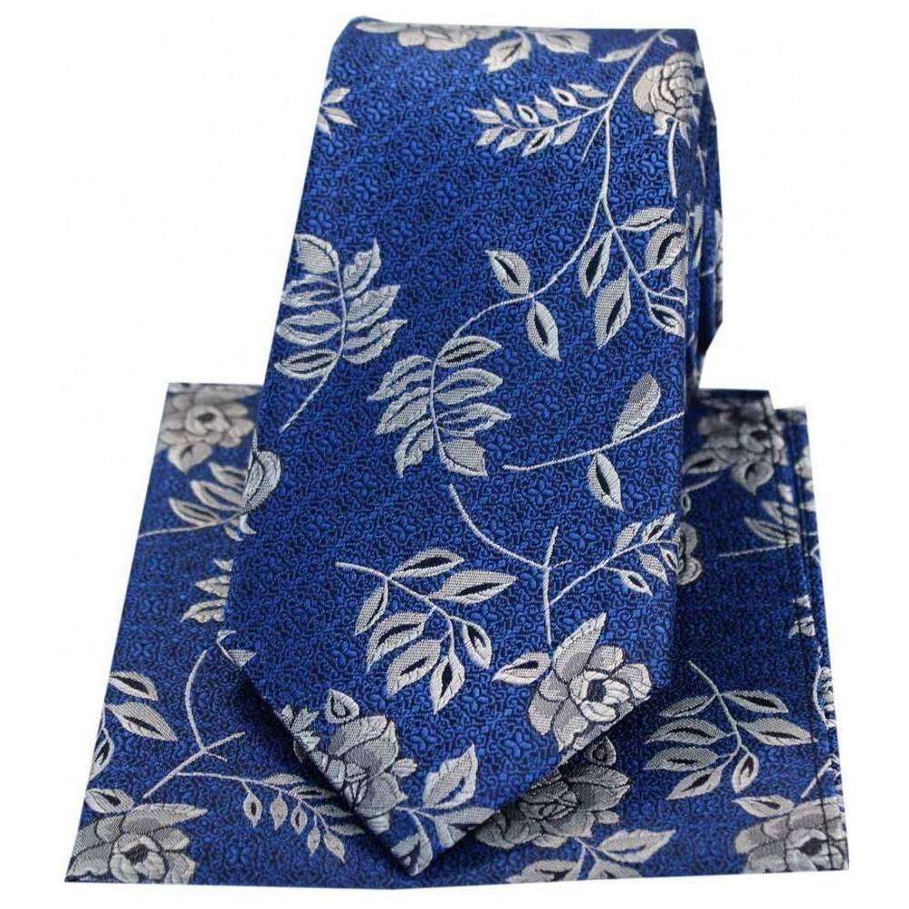 David Van Hagen Flower and Leaf Silk Tie and Hanky Set - Blue