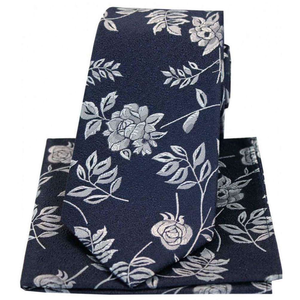 David Van Hagen Flower and Leaf Silk Tie and Hanky Set - Navy