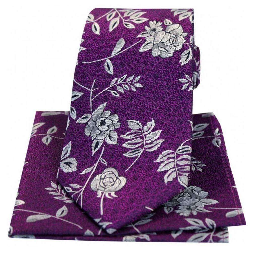 David Van Hagen Flower and Leaf Silk Tie and Hanky Set - Purple