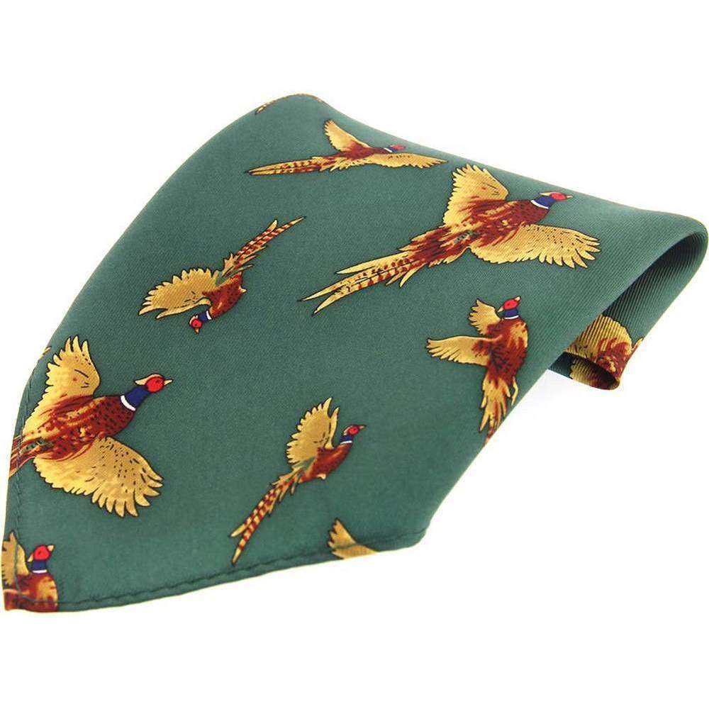 David Van Hagen Flying Pheasant Country Silk Pocket Square - Forest Green