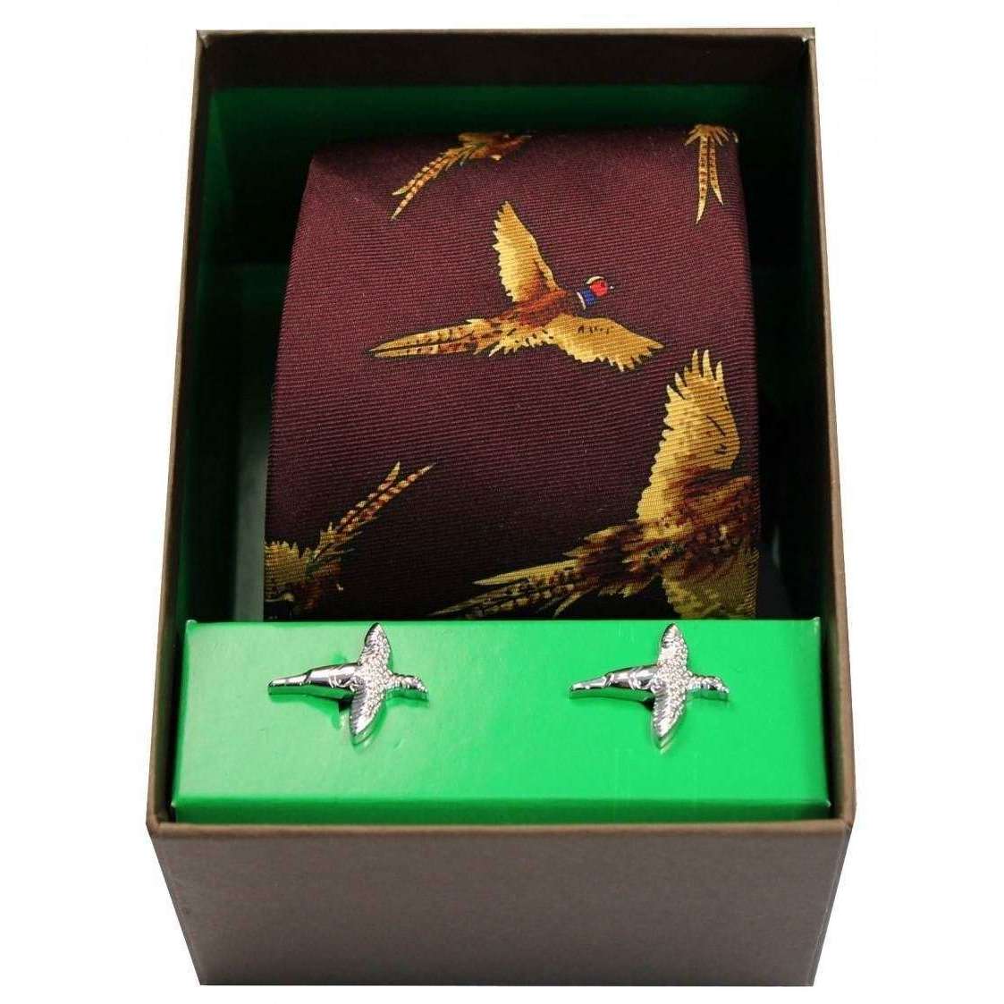 David Van Hagen Flying Pheasants Silk Tie and Cufflink Set - Wine Red