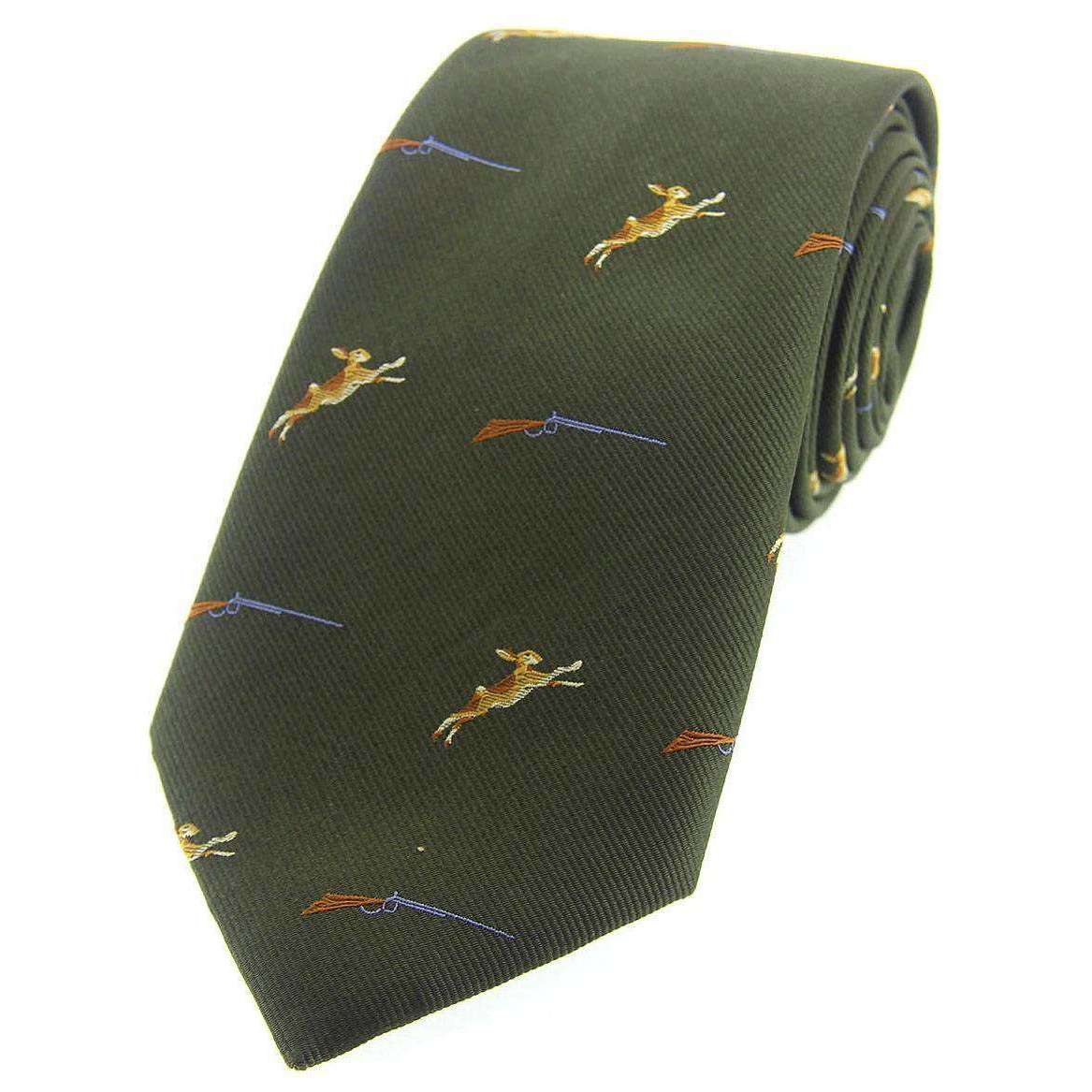 David Van Hagen Hares and Shotguns Woven Country Silk Tie - Country Green