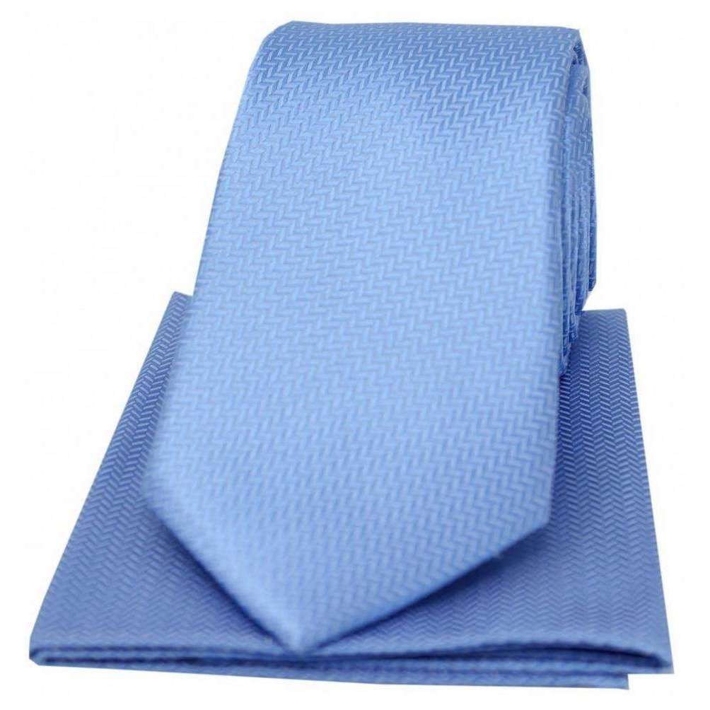 David Van Hagen Herringbone Silk Tie and Hanky Set - Sky Blue