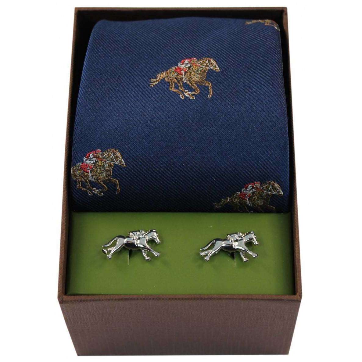 David Van Hagen Horse Racing Tie and Cufflink Set - Navy