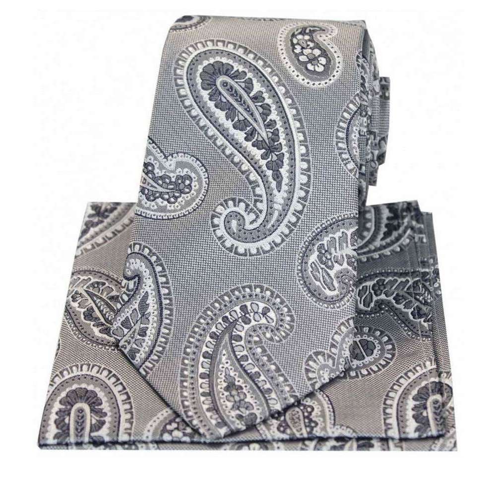 David Van Hagen Matching Paisley Silk Tie and Hanky Set - Grey