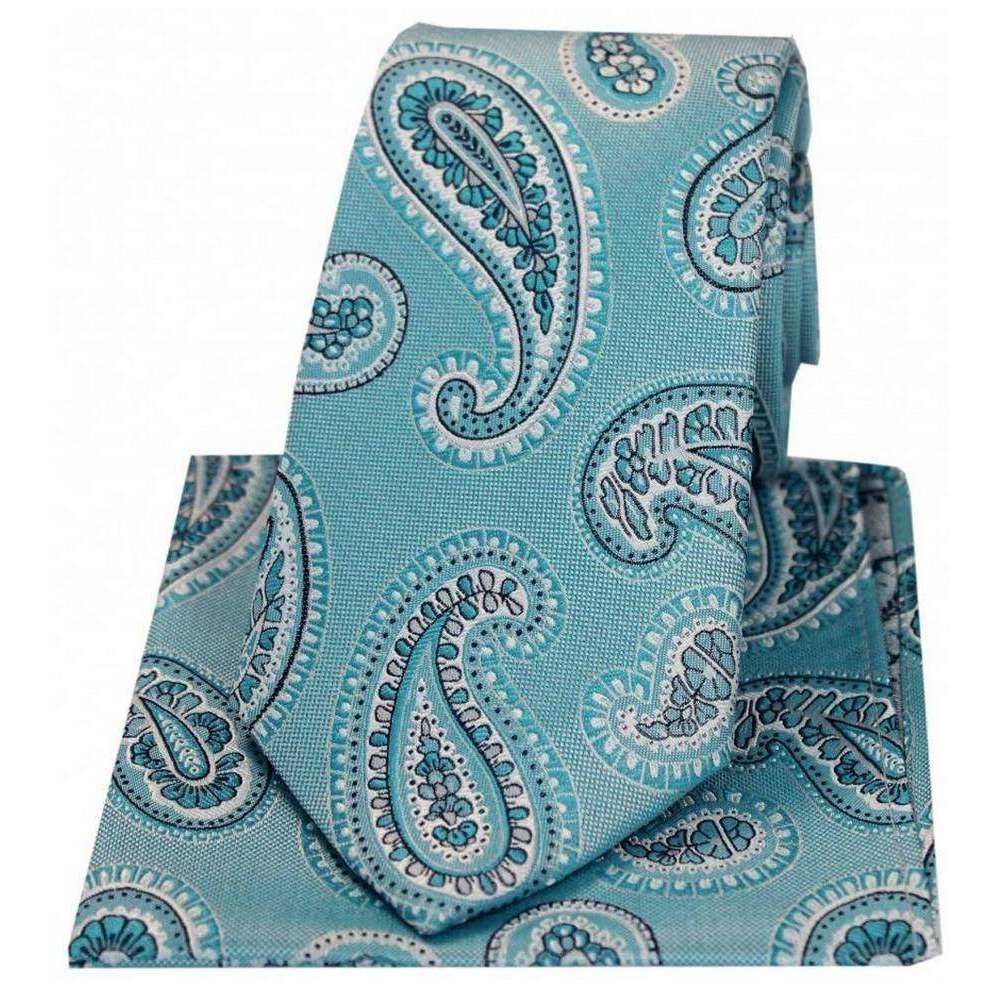 David Van Hagen Matching Paisley Silk Tie and Hanky Set - Turquoise Green