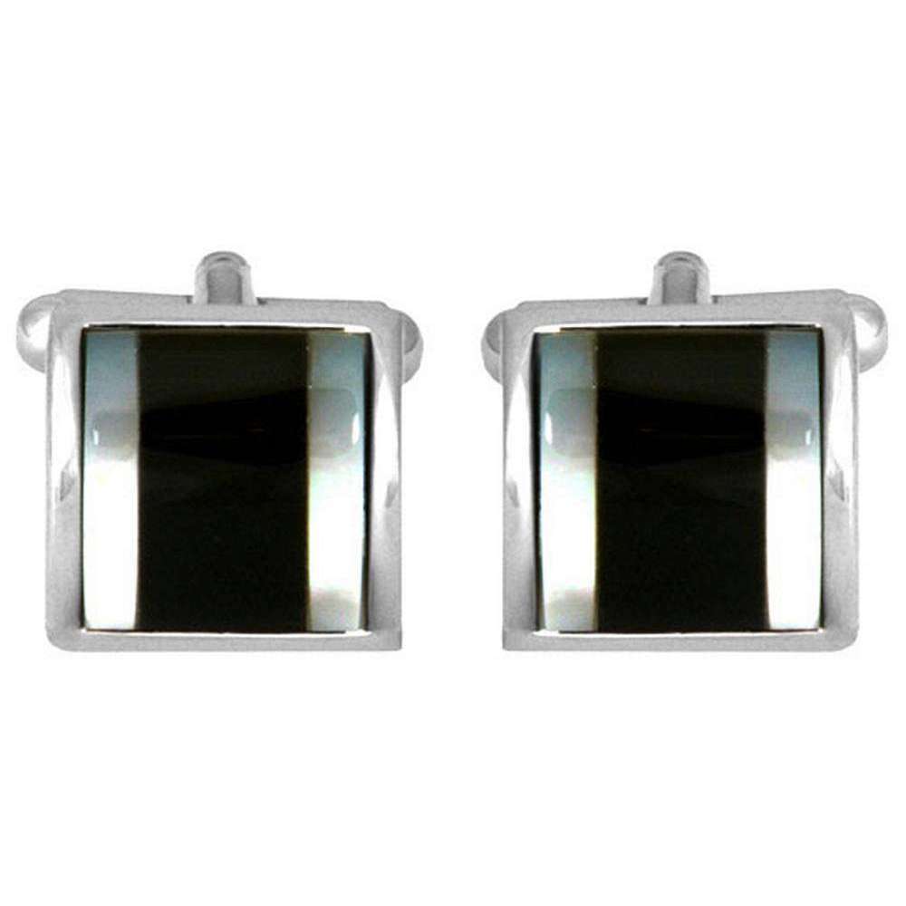 David Van Hagen Rhodium Plated Mother of Pearl and Onyx Slice Cufflinks - Black/White/Silver