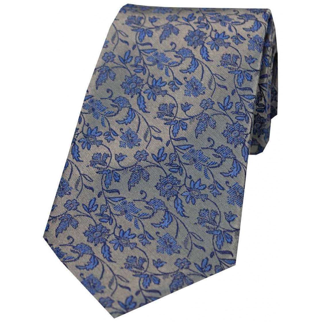 David Van Hagen Small Floral Flowers Silk Tie - Silver/Blue