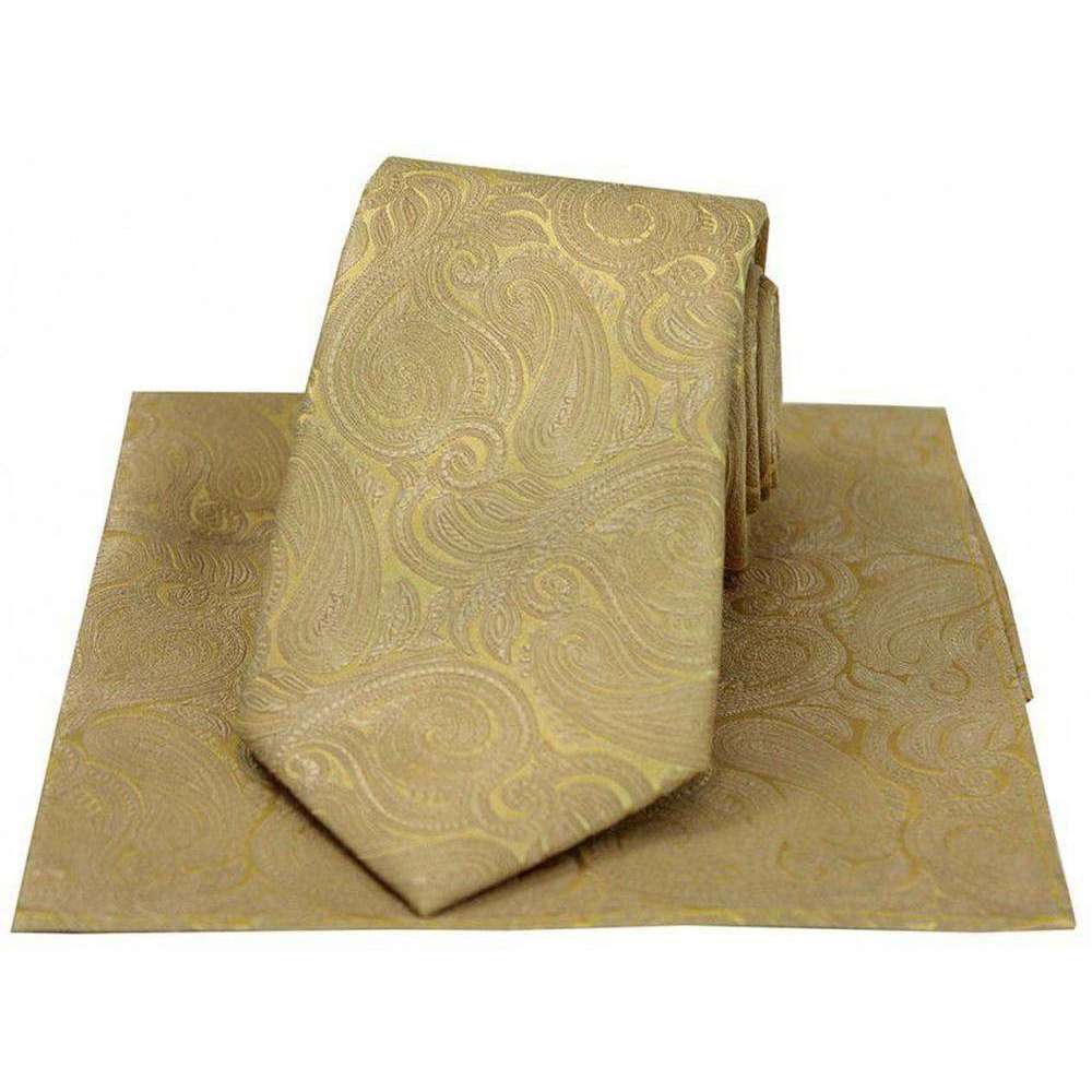 David Van Hagen Tonal Paisley Luxury Tie and Handkerchief - Champagne Gold