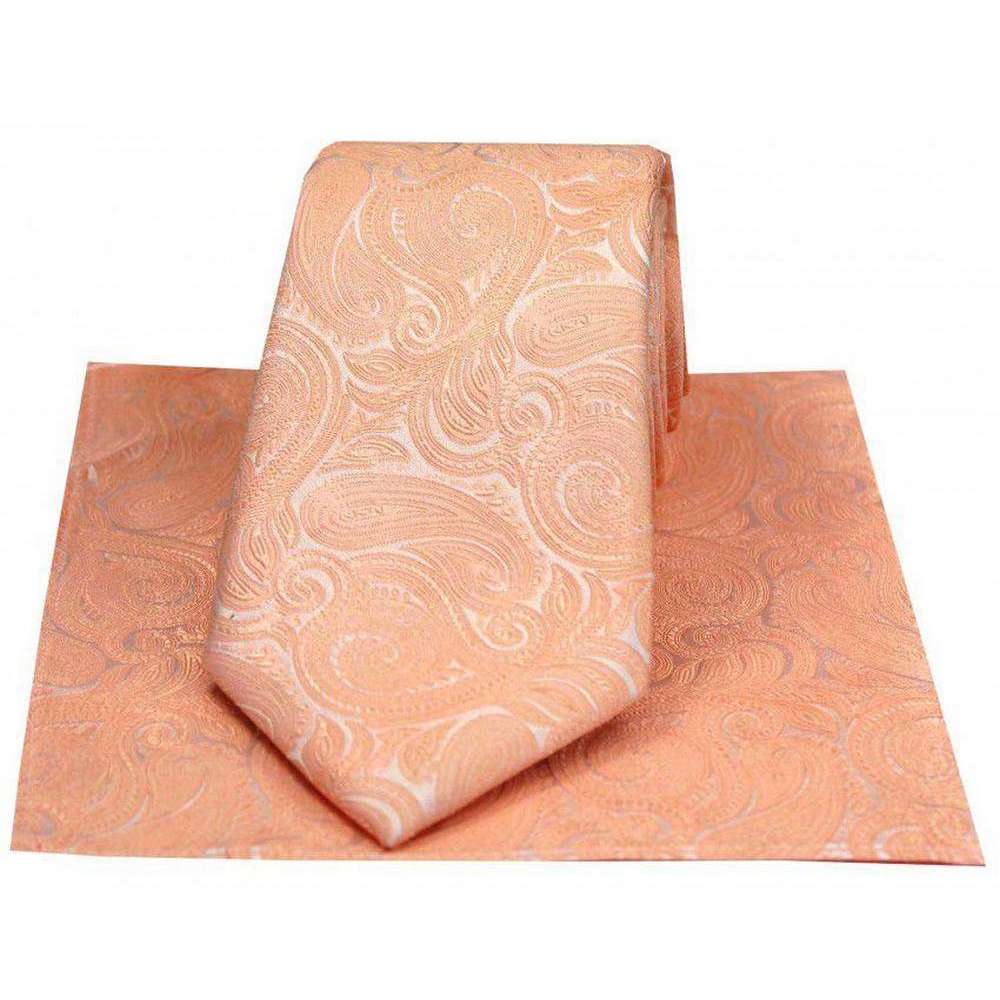 David Van Hagen Tonal Paisley Luxury Tie and Handkerchief - Peach