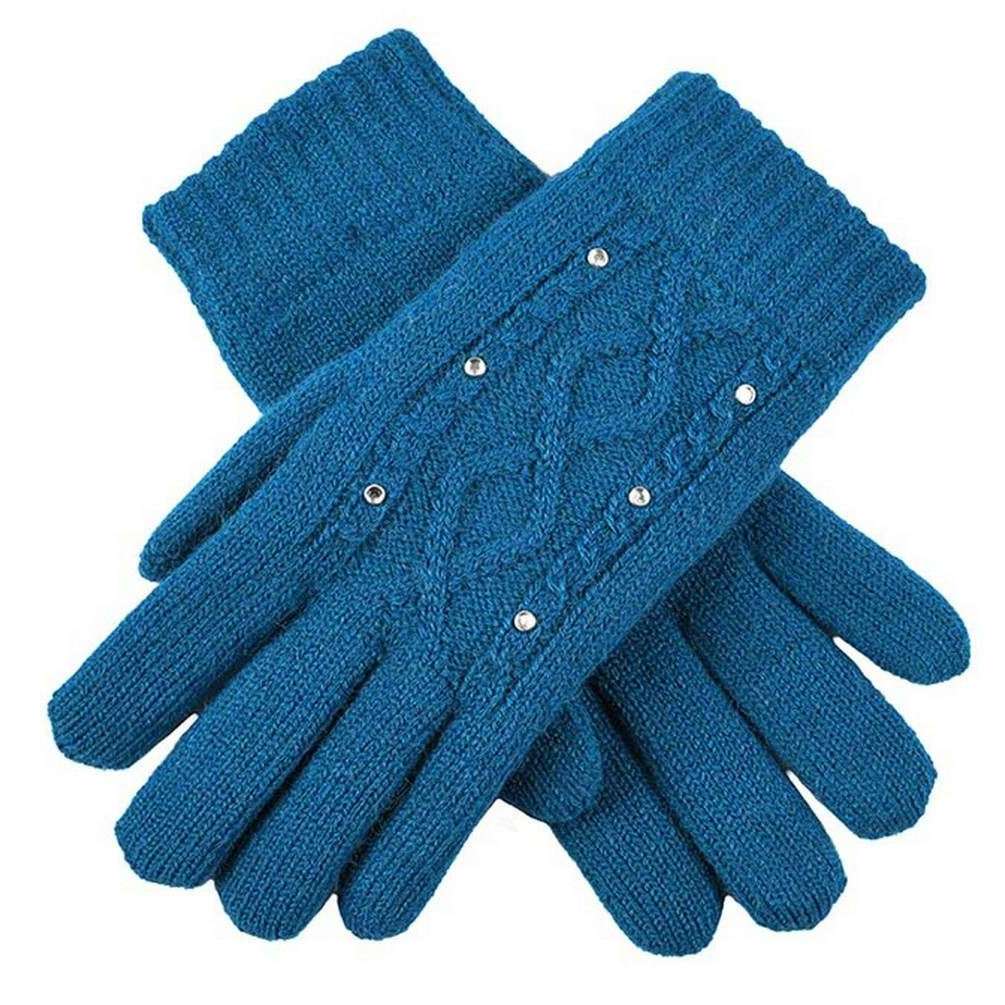 Dents Classic Cable Knit Rhinestone Gloves - Teal Blue