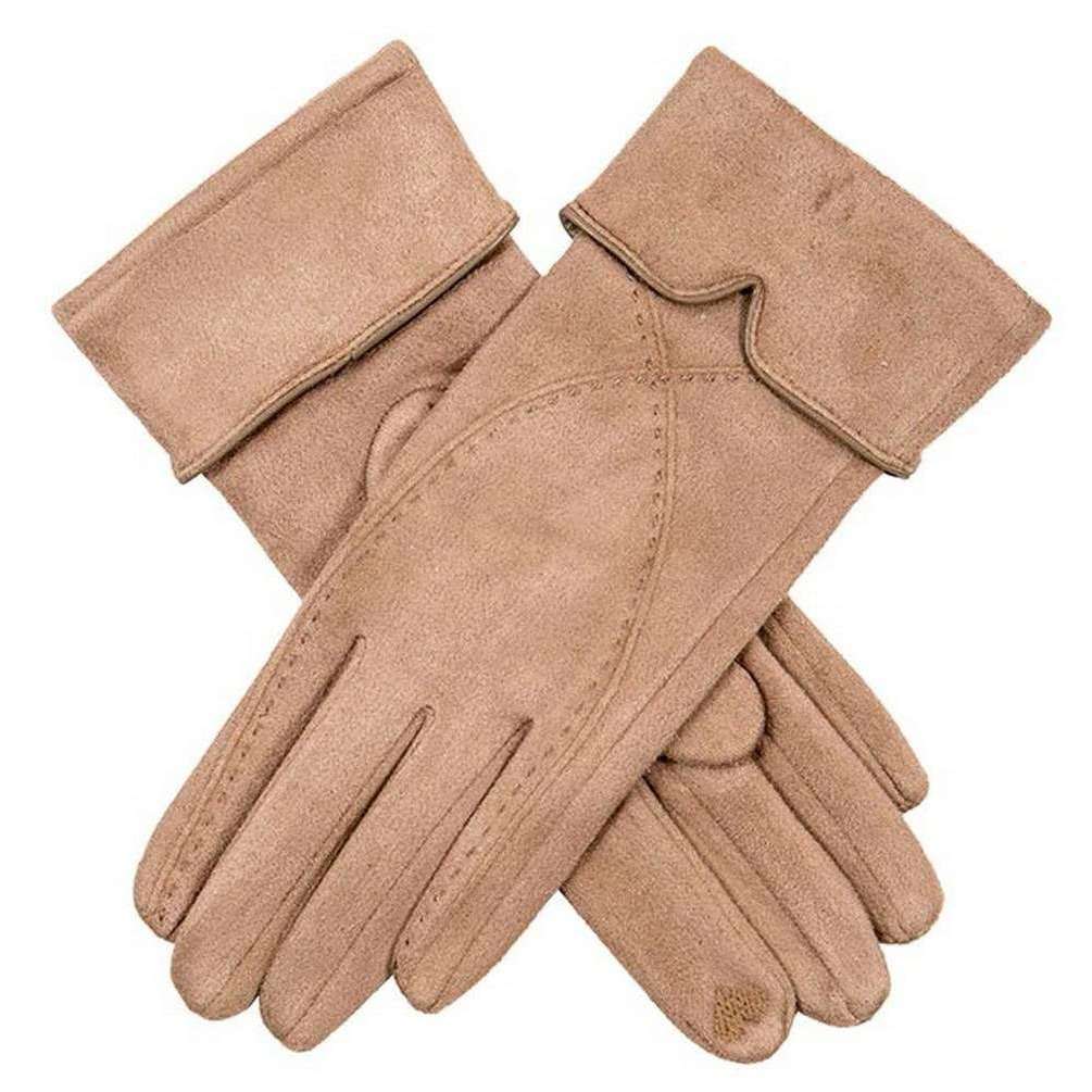 Dents Embroidered Touchscreen Faux Suede Gloves - Camel Beige