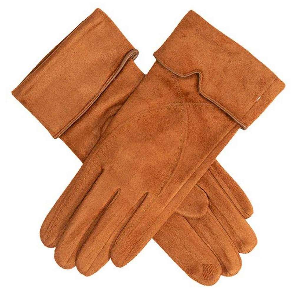 Dents Embroidered Touchscreen Faux Suede Gloves - Cognac