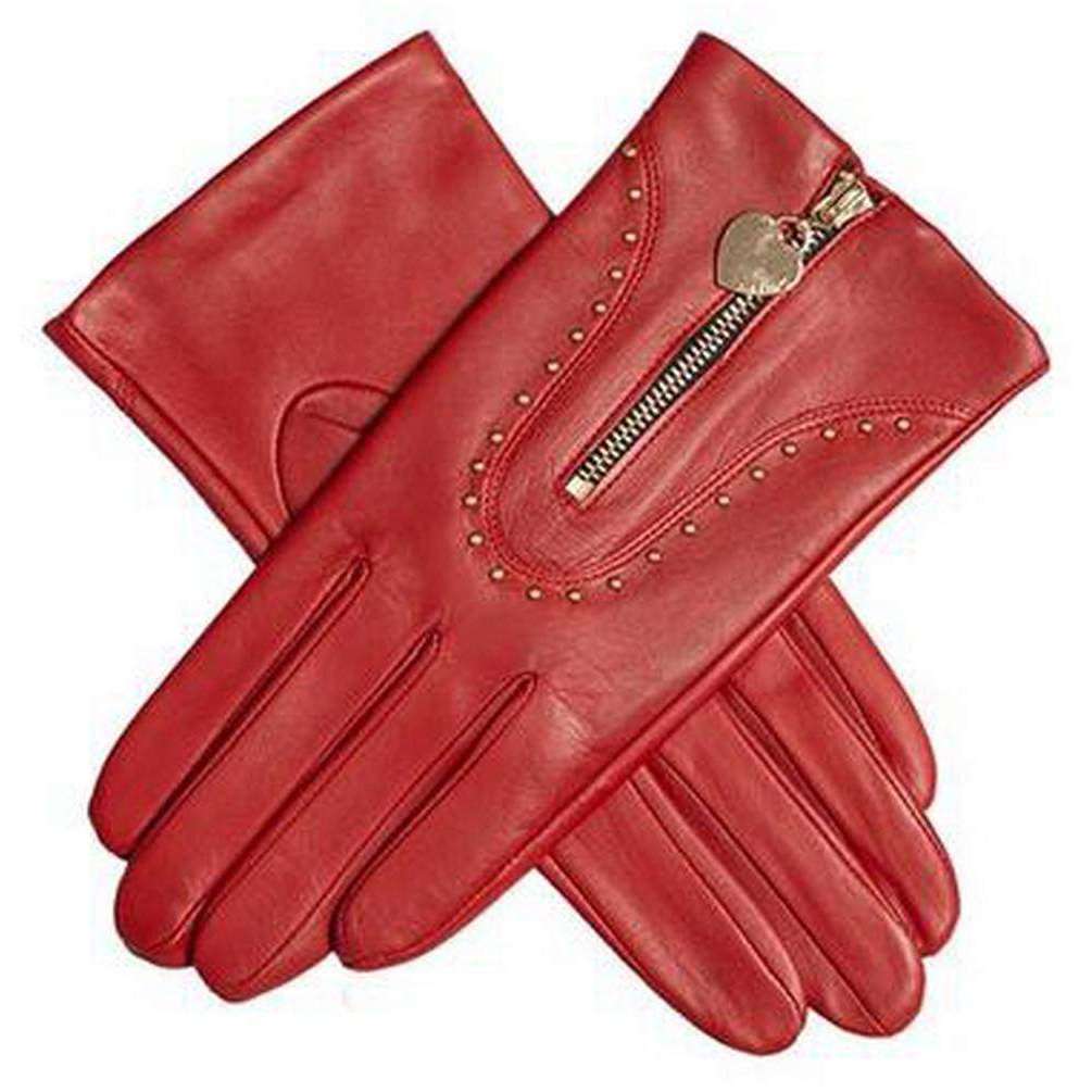 Dents Leona Studded Heart Pendant Gloves - Berry Red
