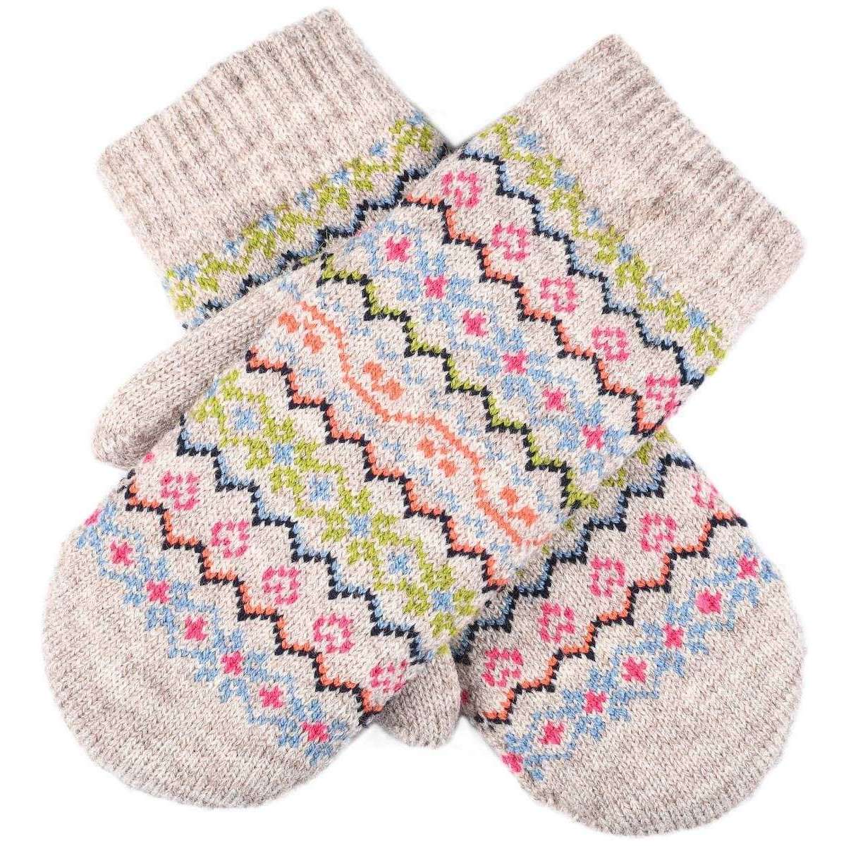 Dents Neon Fairisle Knitted Mittens - Oatmeal Beige