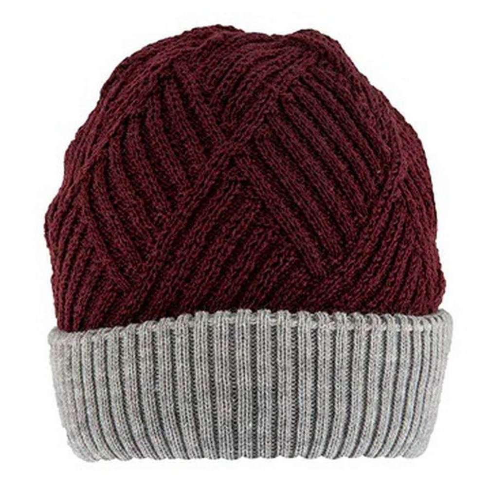 Dents Patchwork Cable Knit Beanie Hat - Claret Burgundy