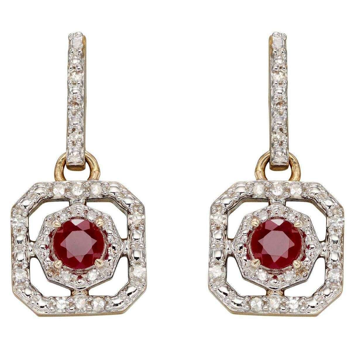 Elements Gold Ruby and Dimond Art Deco Earrings - Gold/Clear/Red