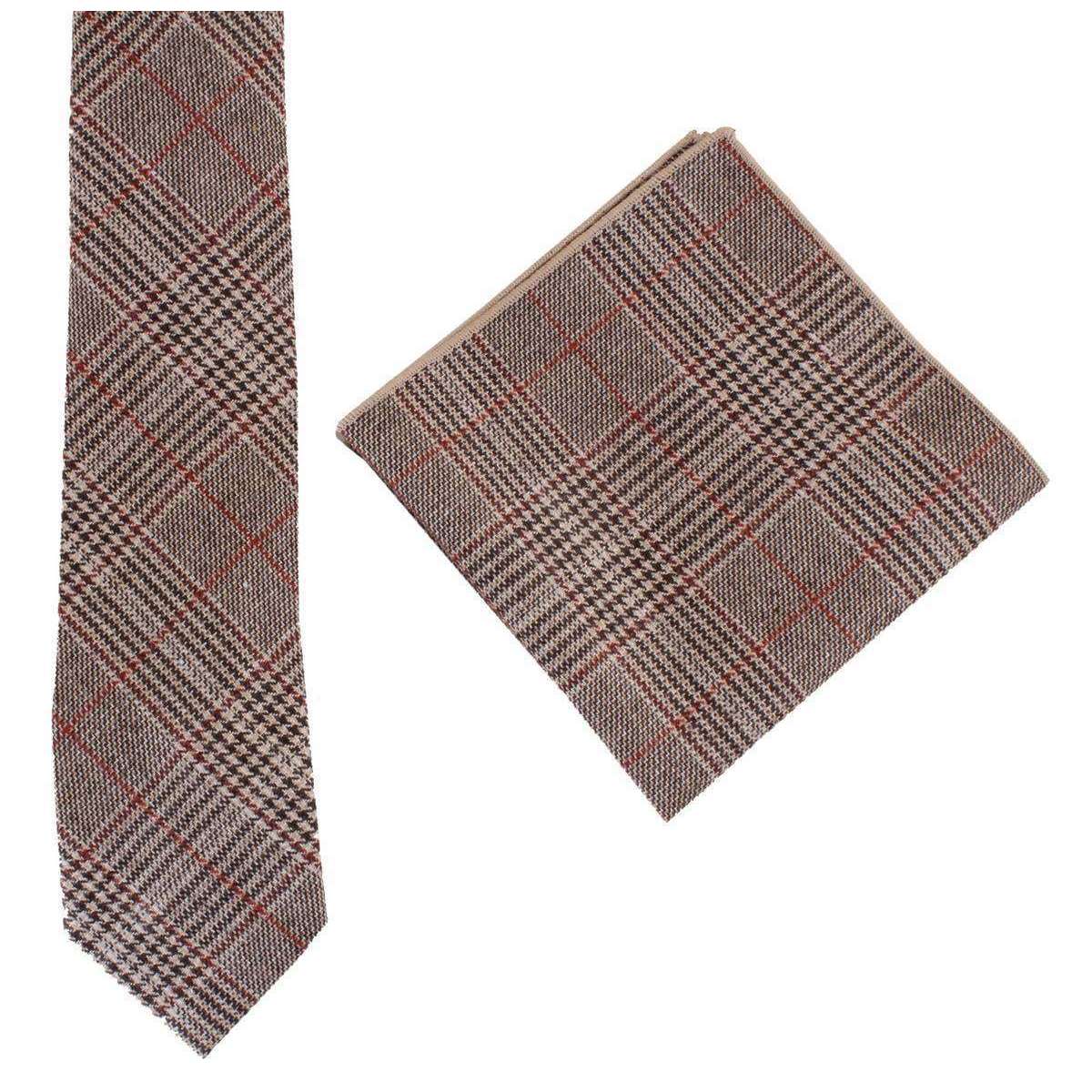 Knightsbridge Neckwear Prince of Wales Check Tie and Pocket Square Set - Brown/Red