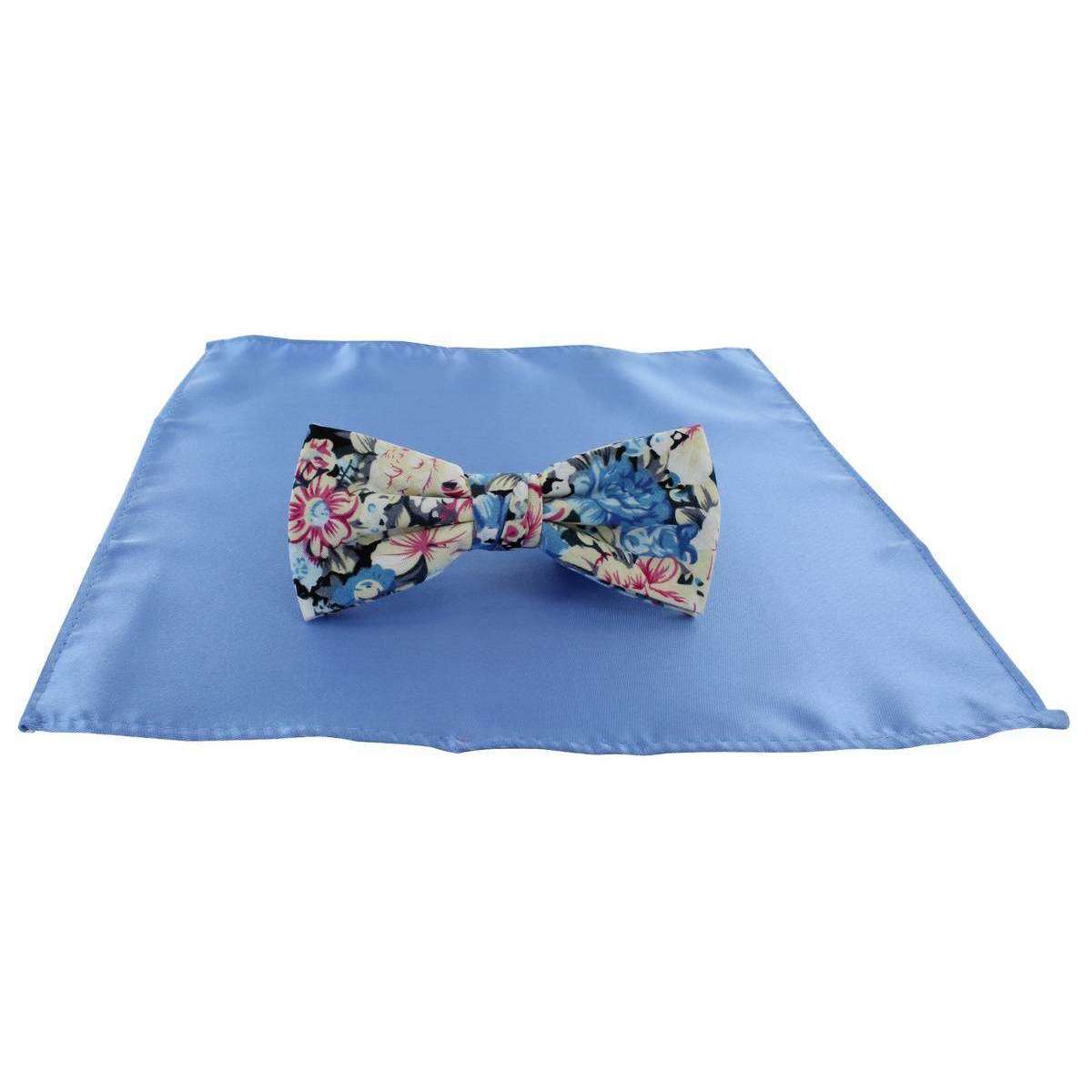 Michelsons of London Contast Floral Bow Tie and Plain Pocket Square Set - Light Blue