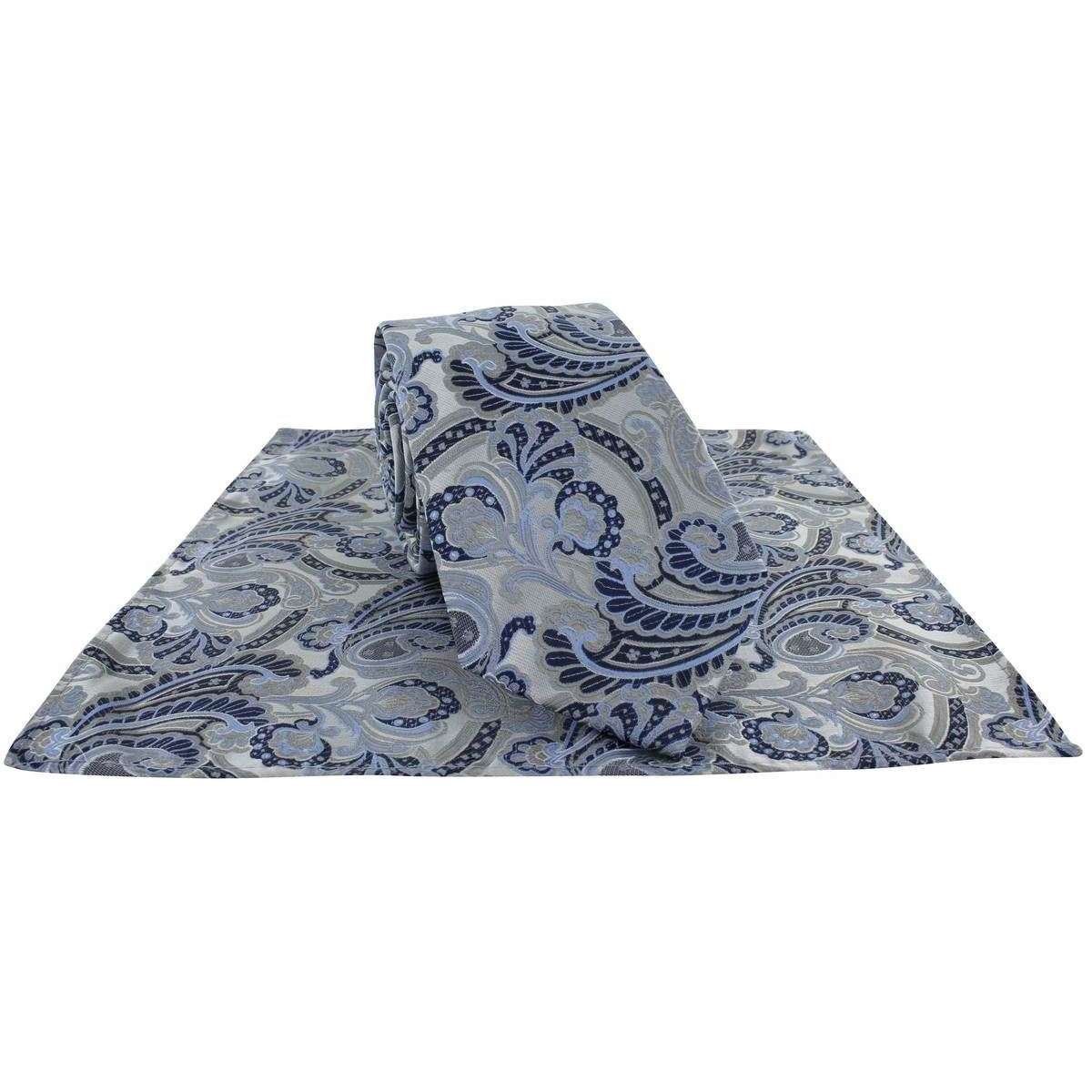 Michelsons of London Ornamental Paisley Polyester Tie and Pocket Square Set - Grey/Blue