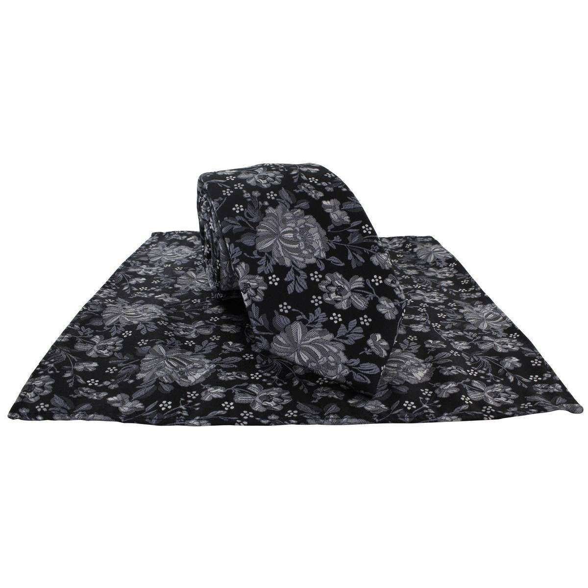 Michelsons of London Outline Floral Tie and Pocket Square Set - Black