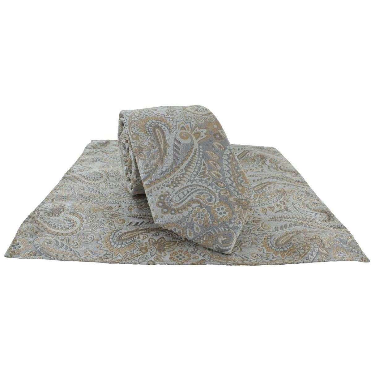 Michelsons of London Summer Paisley Tie and Pocket Square Set - Gold/Ecru