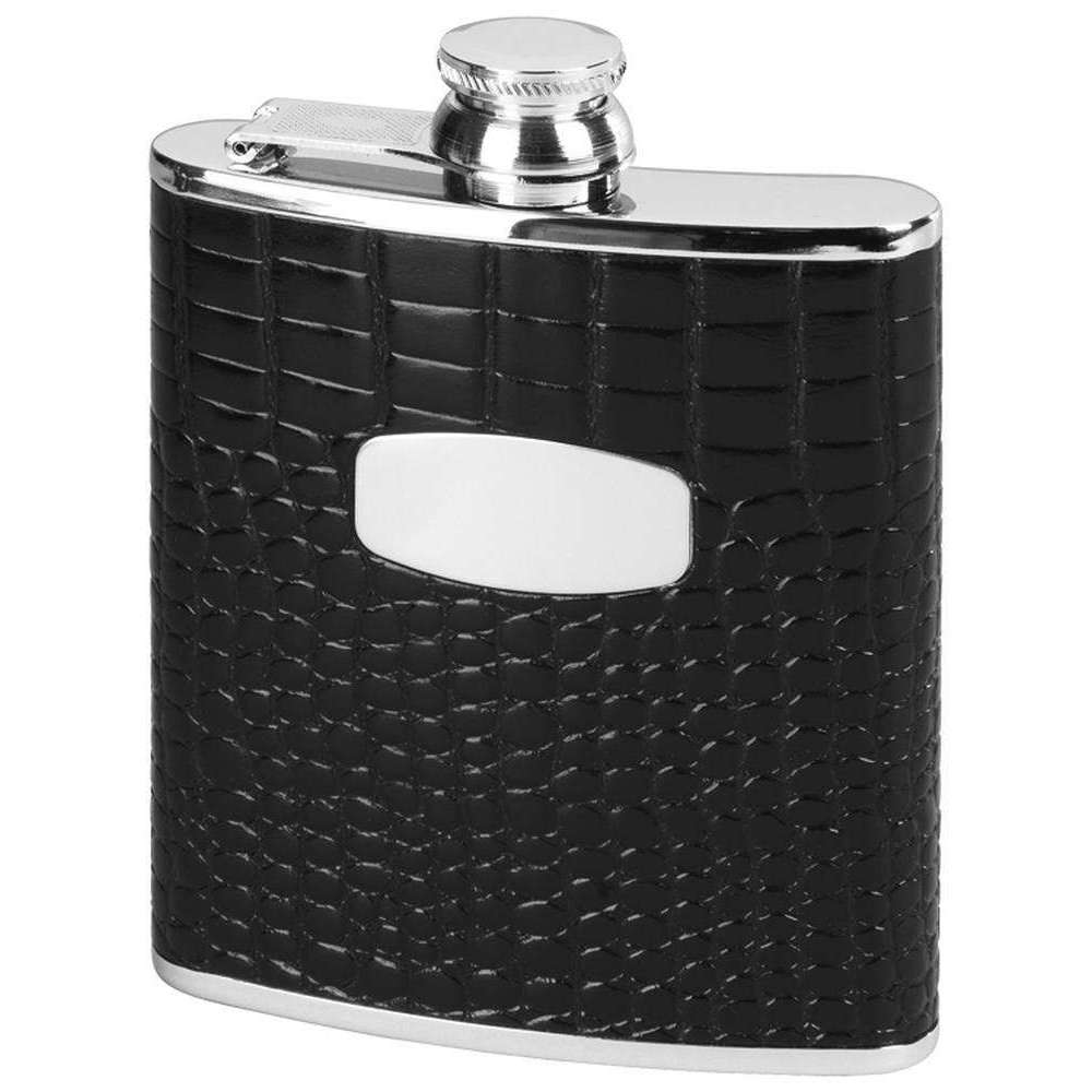 Orton West 6oz Baby Croc Style Captive Top Hip Flask - Black/Silver