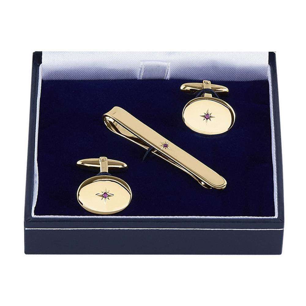 Orton West Ruby Set Cufflinks and Tie Bar Set - Gold