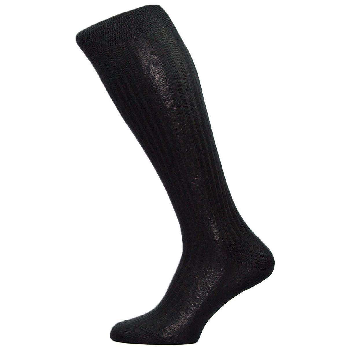 Pantherella Baffin Rib Over the Calf Silk Socks - Black