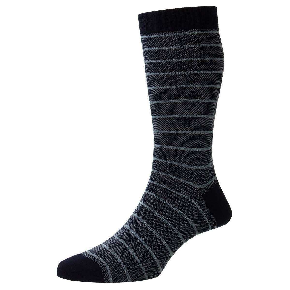 Pantherella Barrington Jacquard Birdseye Stripe Fil D’Ecosse Socks - Navy