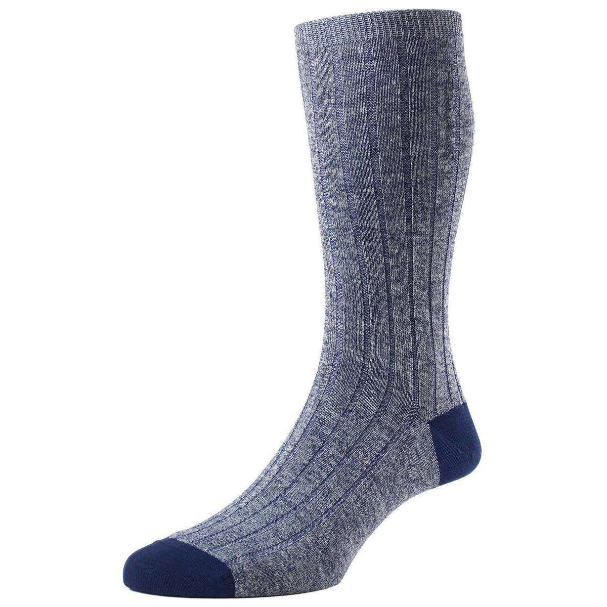 Pantherella Hamada Contrast Heel and Toe Linen Blend Socks - Indigo Blue